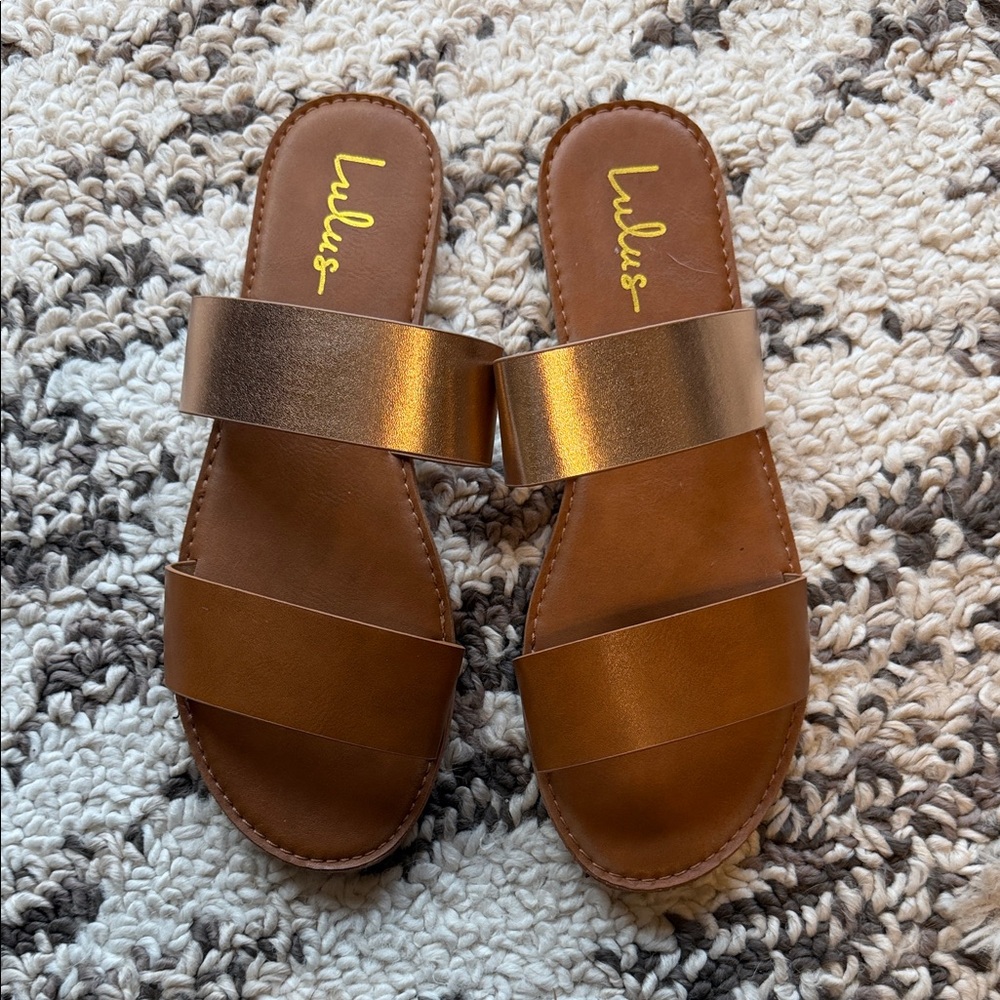 Lulu's Brown & Rose Gold Double-Strap Slide Sandals